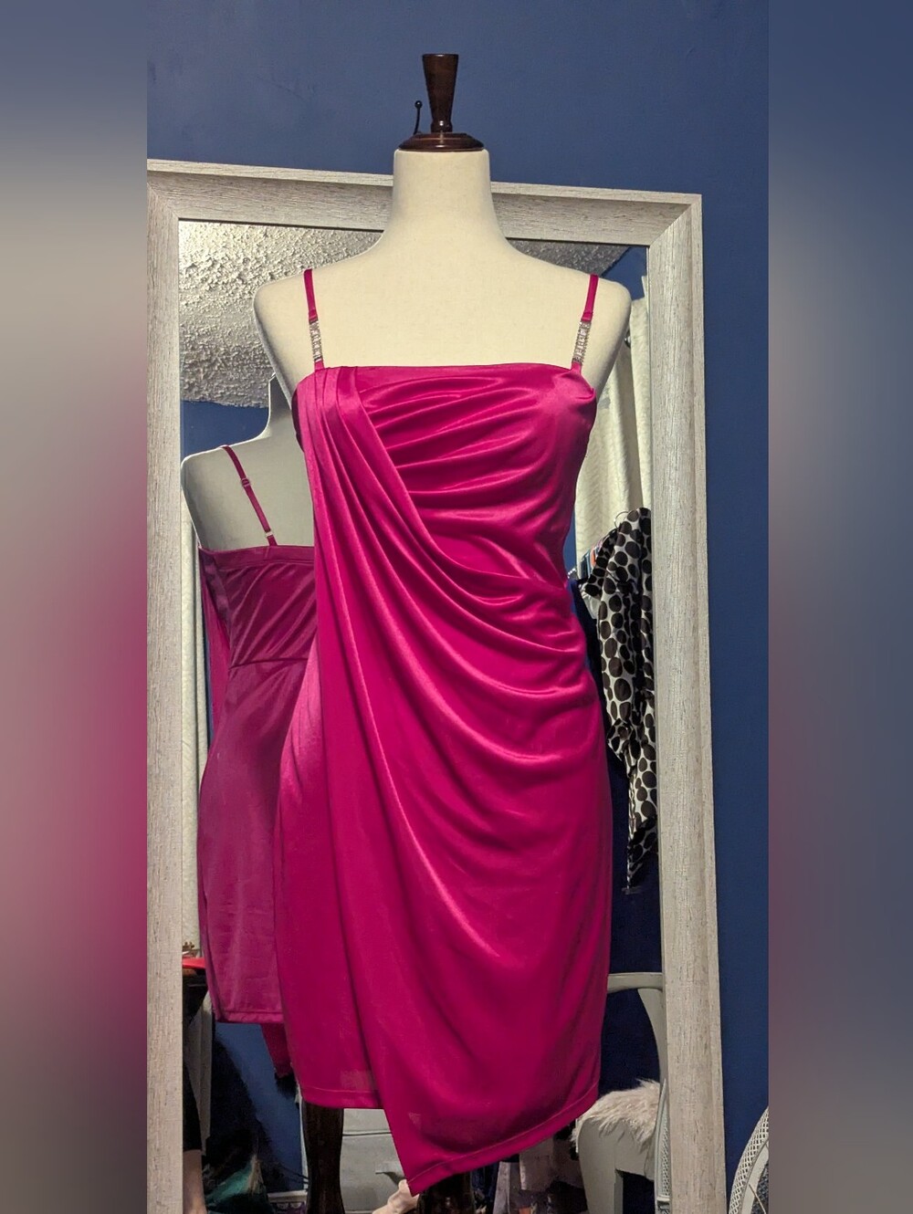 Satin Draped Midi Dress in Fuchsia with Spaghetti Straps